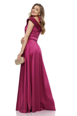 Rochie lungă elegantă Fofy din tafta magenta premium cu decolteu pe umeri si buzunare