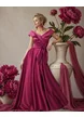 Rochie lungă elegantă Fofy din tafta magenta premium cu decolteu pe umeri