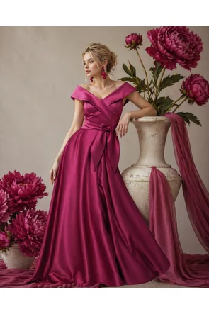 Rochie lungă elegantă Fofy din tafta magenta premium cu decolteu pe umeri