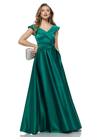 Rochie lungă elegantă Fofy din tafta verde premium cu decolteu pe umeri si buzunare