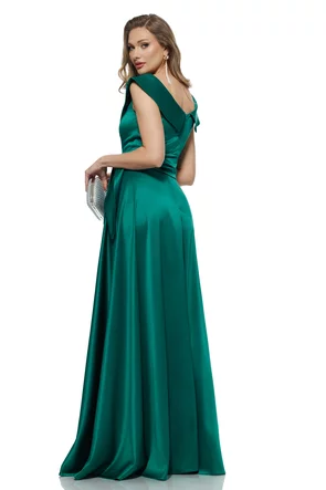 Rochie lungă elegantă Fofy din tafta verde premium cu decolteu pe umeri si buzunare