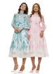 Rochie lunga premium roz din organza cu imprimeu paisley baroc cu buzunare si nasturi cristal