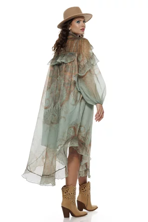 Rochie lunga premium verde din organza cu imprimeu paisley baroc  cu volane si cordon