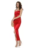 Rochie midi de ocazie din lycra rosie satinata cu falduri su cupe buretate picture - 2