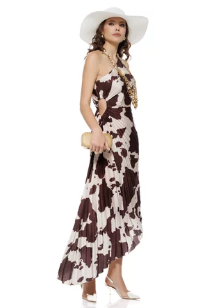 Rochie midi de vara croi asimetric din satin imprimat plisat cu decupaj de cambrare in talie