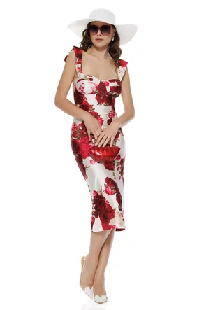 Rochie midi de vara din lycra satinata cu imprimeu tradafiri si cupe buretate