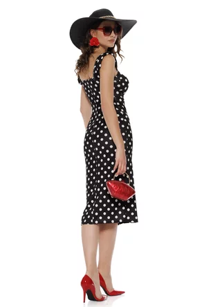 Rochie midi de vara din lycra satinata neagra cu buline si cupe buretate