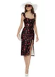 Rochie midi de vara din lycra satinata neagra cu imprimeu cirese si cupe buretate