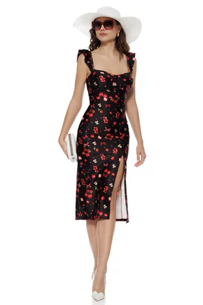 Rochie midi de vara din lycra satinata neagra cu imprimeu cirese si cupe buretate