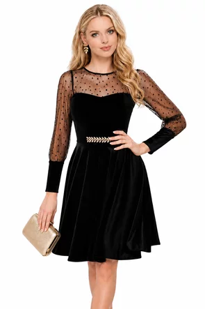 Rochie  neagra Fofy clos din catifea  cu maneci bufante din tull cu buline
