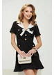 Rochie premium eleganta stil sarafan din tweed negru cu revere albe si nasturi aurii