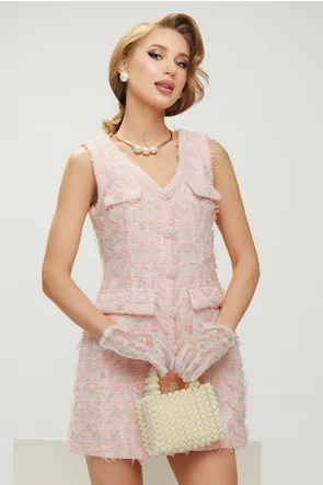 Rochie premium eleganta stil sarafan din tweed roz cu naturi bijuterie din perle