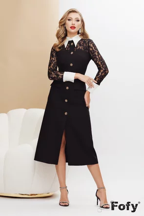 Rochie spectaculoasa de ocazie eleganta neagra cu dantela guler si mansete albe nasturi bijuterie