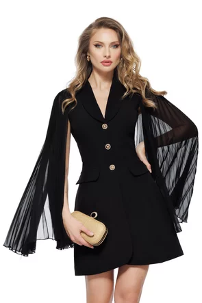 Rochie spectaculoasa neagra tip sacou cu maneci despicate plisate