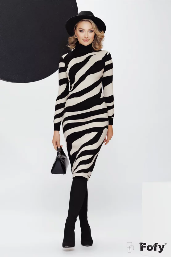 Rochie tricotata lunga si groasa din vascoza premium zebra alb negru