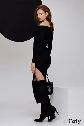 Rochie tricotata neagra premium cu decolteu petrecut intors pe umeri 
