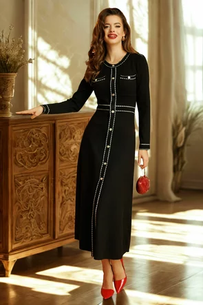 Rochie tricotata premium cu casmir negru si contururi albe buzunare si nasturi metalici