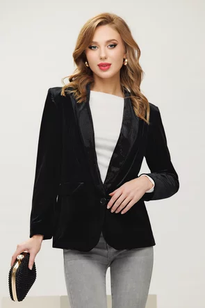Sacou dama de ocazie premium din catifea neagra cu revere cu strassuri