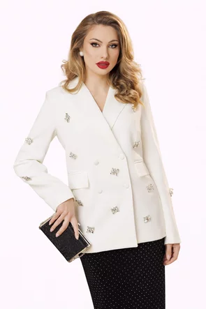 Sacou dama de ocazie premium din stofa alba cu cristale argintii