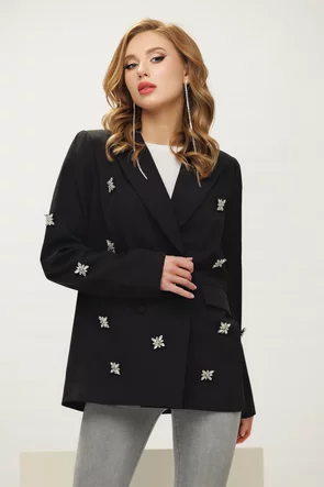 Sacou dama de ocazie premium din stofa negru cu cristale argintii