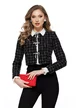 Sacou dama elegant Fofy din tweed premium negru cu carouri si fundite din perle