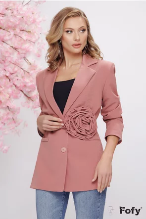 Sacou dama elegant oversize roz pudra cu floare maxi pe centura detasabila