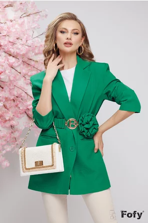 Sacou dama elegant oversize verde cu floare maxi pe centura cu catarama aurie