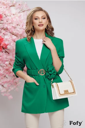 Sacou dama elegant oversize verde cu floare maxi pe centura cu catarama aurie