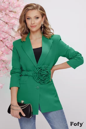 Sacou dama elegant oversize verde cu floare maxi pe centura detasabila