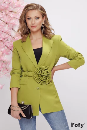 Sacou dama elegant oversize verde fistic cu floare maxi pe centura detasabila