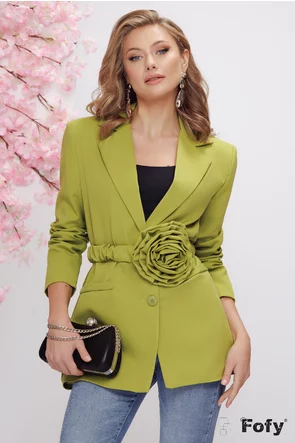 Sacou dama elegant oversize verde fistic cu floare maxi pe centura detasabila
