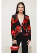 Sacou dama Fofy elegant  negru cu croiala cambrata si imprimeu lalele rosii