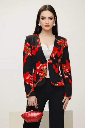 Sacou dama Fofy elegant  negru cu croiala cambrata si imprimeu lalele rosii