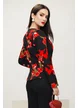 Sacou dama Fofy elegant  negru cu croiala cambrata si imprimeu lalele rosii
