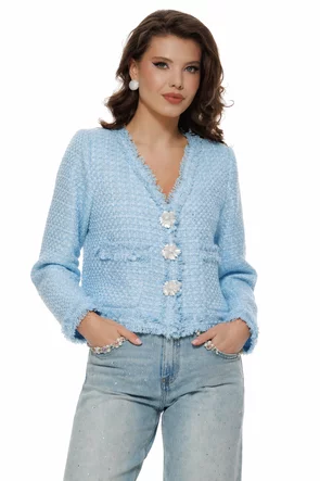 Sacou dama premium elegant din tweed bleu cu paiete fine si accesorii florale perlate