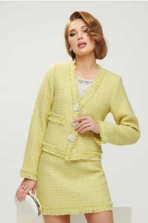 Sacou dama premium elegant din tweed lime cu paiete fine si accesorii florale perlate