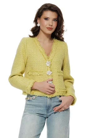 Sacou dama premium elegant din tweed lime cu paiete fine si accesorii florale perlate