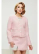 Sacou dama premium elegant din tweed roz cu paiete fine si accesorii florale perlate