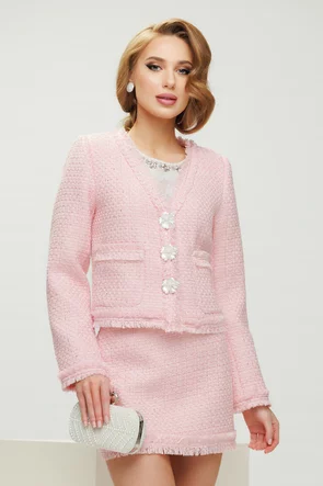 Sacou dama premium elegant din tweed roz cu paiete fine si accesorii florale perlate
