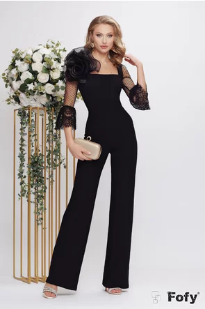 Salopeta de ocazie Fofy neagra cu decolteu patrat pantalon evazat