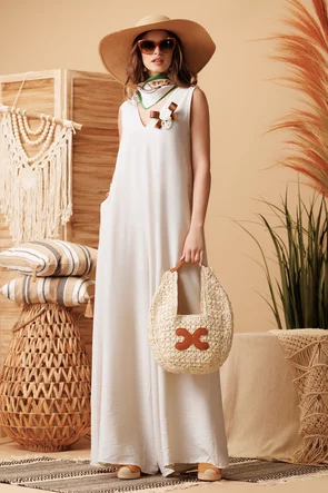 Salopeta de vara din vascoza premium supersoft cu buzunare si brosa boho