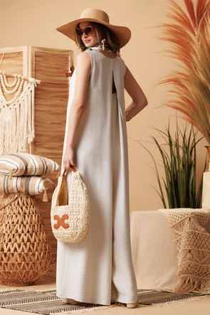 Salopeta de vara din vascoza premium supersoft cu buzunare si brosa boho