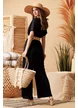 Salopeta de vara neagra decoltata cu pantalon lejer si centura boho