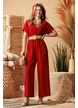 Salopeta de vara vino rosso decoltata cu pantalon lejer si centura boho