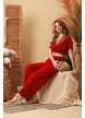 Salopeta de vara vino rosso decoltata cu pantalon lejer si centura boho