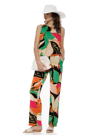 Salopetă Fofy de vara cu pantalon imprimeu frunze stilizate multicolore