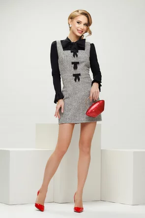Sarafan elegant Fofy mini din tweed premium cu fundinte in contrast