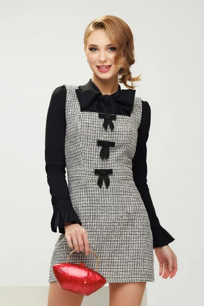 Sarafan elegant Fofy mini din tweed premium cu fundinte in contrast