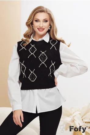 Set dama vesta ticotata cu aplicatii perle cristale margele paiete si camasa alba