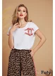 Tricou dama alb din bumbac premium cu aplicatii decorative rosii